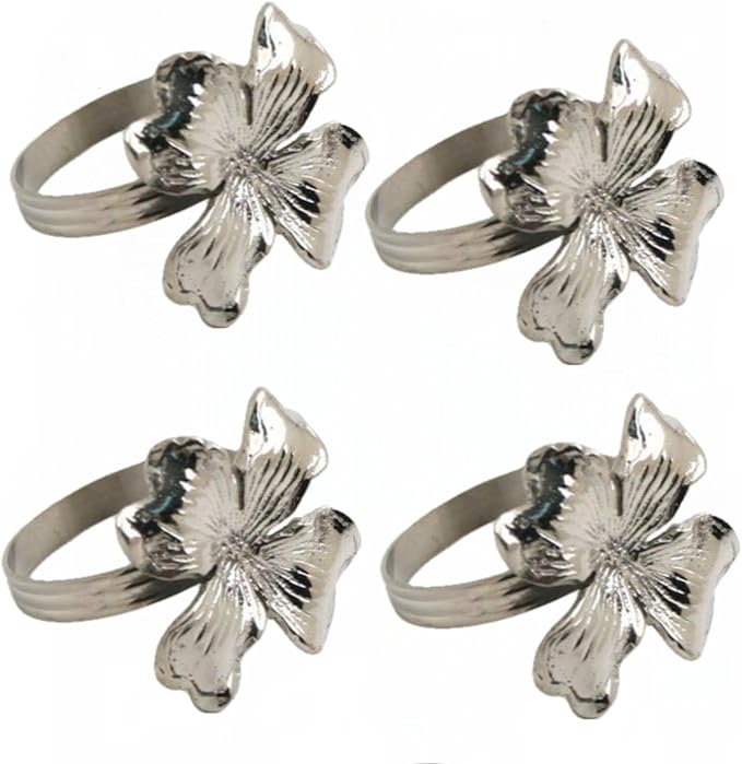 Nickel Four-Leaf Clover Napkin Ring - Lucky Table Setting - Set of 4