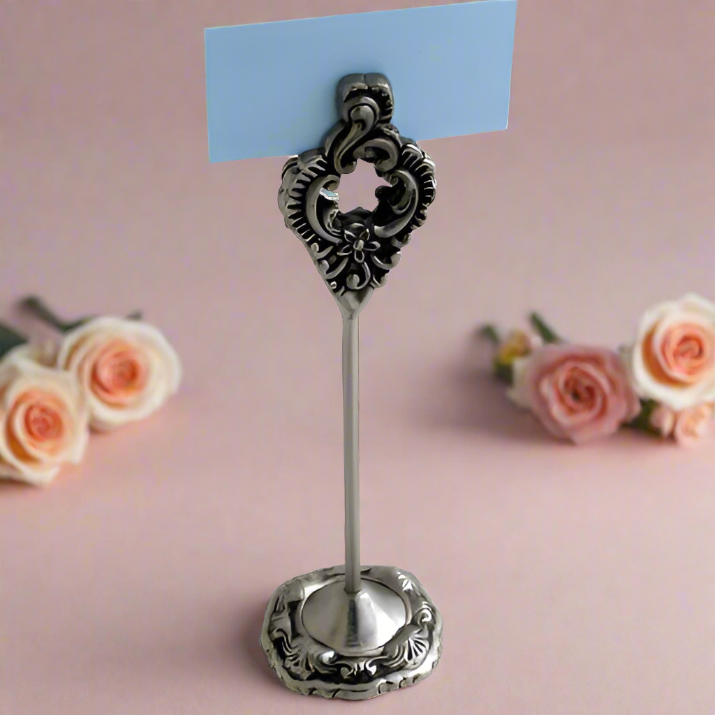 Pewter 8"H Victorian Card Holder - Set of 4  Photo Holders for Tables, Cards Stand Name Menu Clips, Table Sign Holders for Wedding Anniversary Birthday Party,