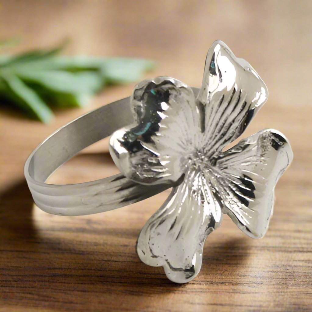 Nickel Four-Leaf Clover Napkin Ring - Lucky Table Setting - Set of 4